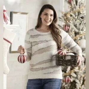 Barefoot Dreams Cozy Chic Crewneck Sweater Seaside Ocean Zebra Cream/ Pink